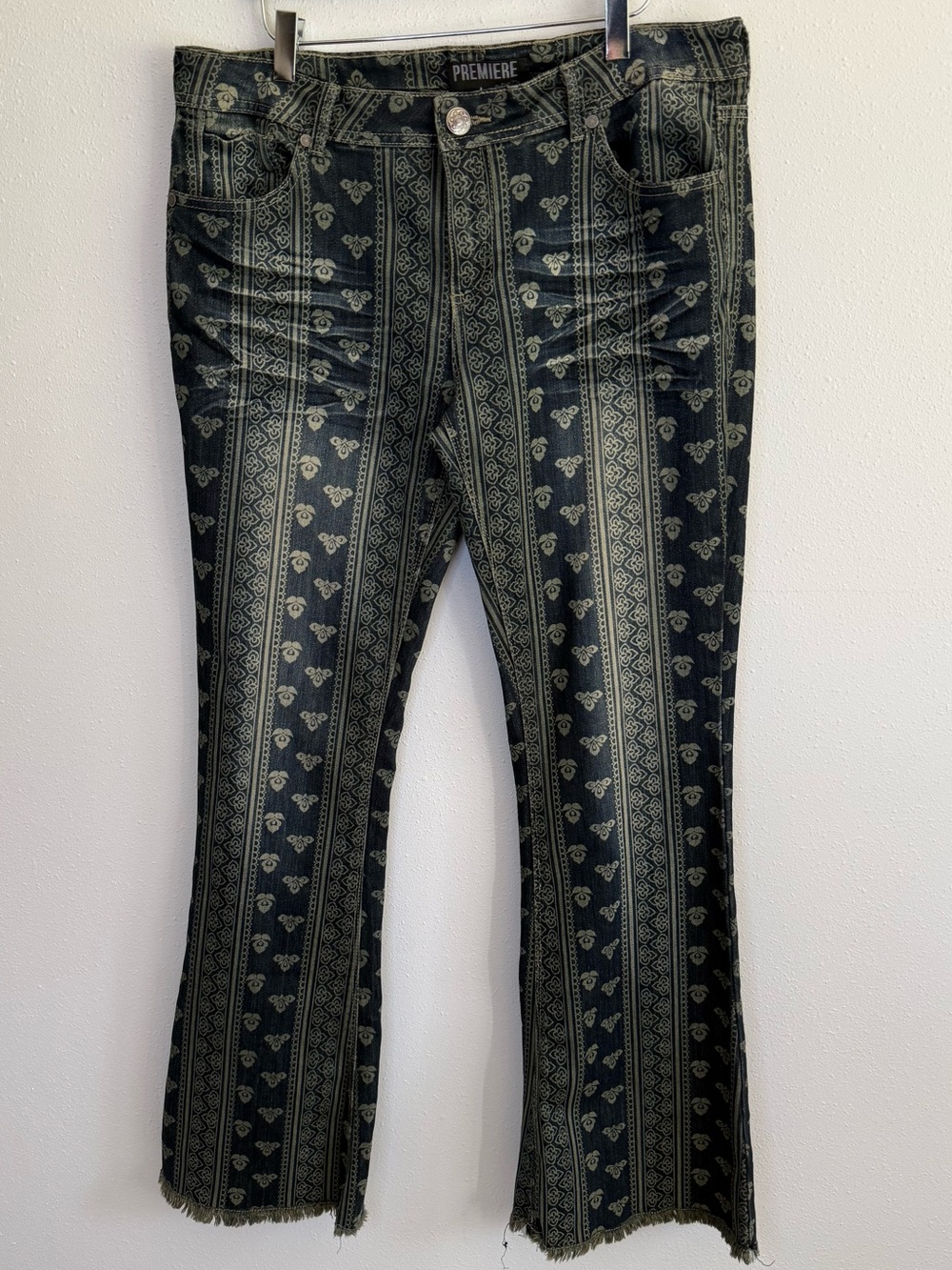 Premiere Boho Print Flare Jeans Low Rise Raw Hem Size 11/12
